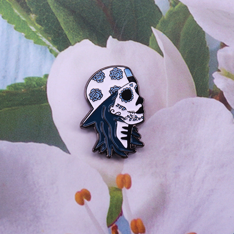 Sugar Skull Skater Blue Floral Pattern Pin