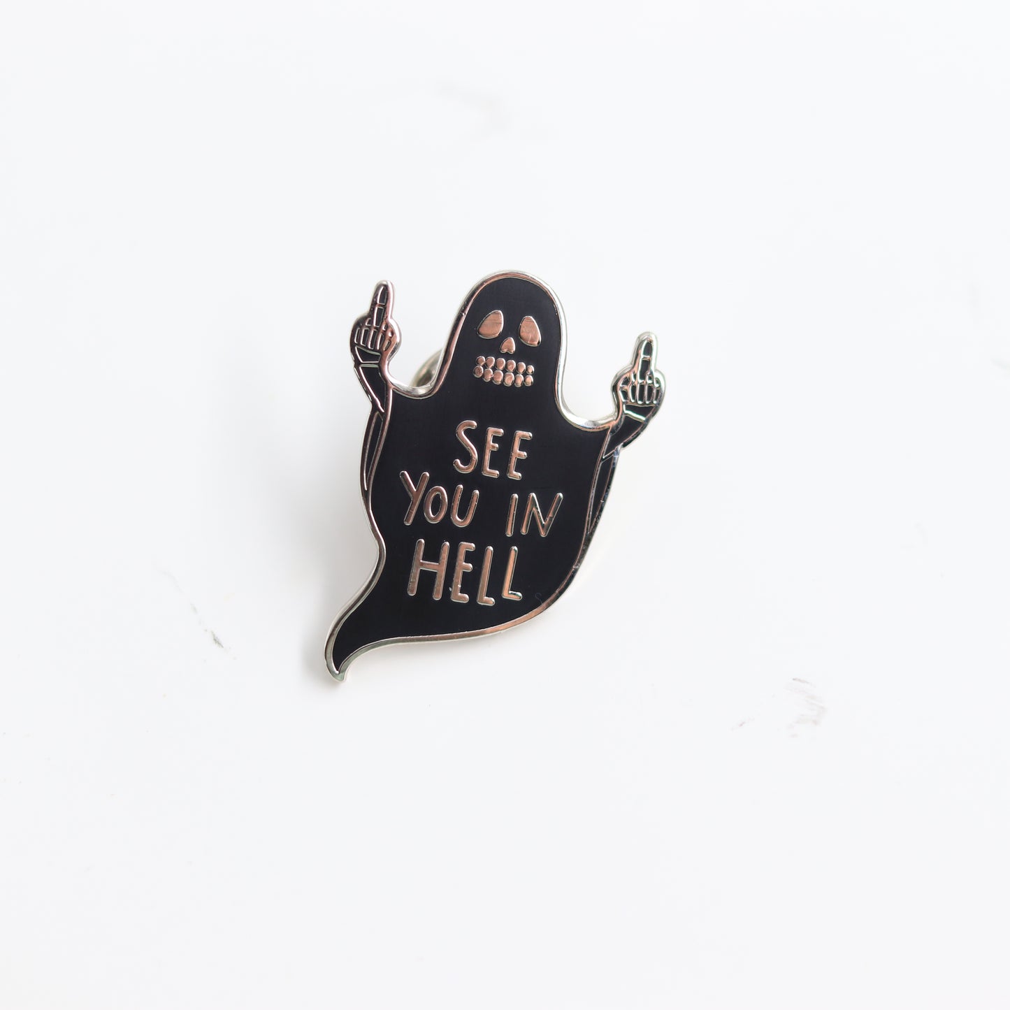 front view of See You In Hell Black Ghost Pin