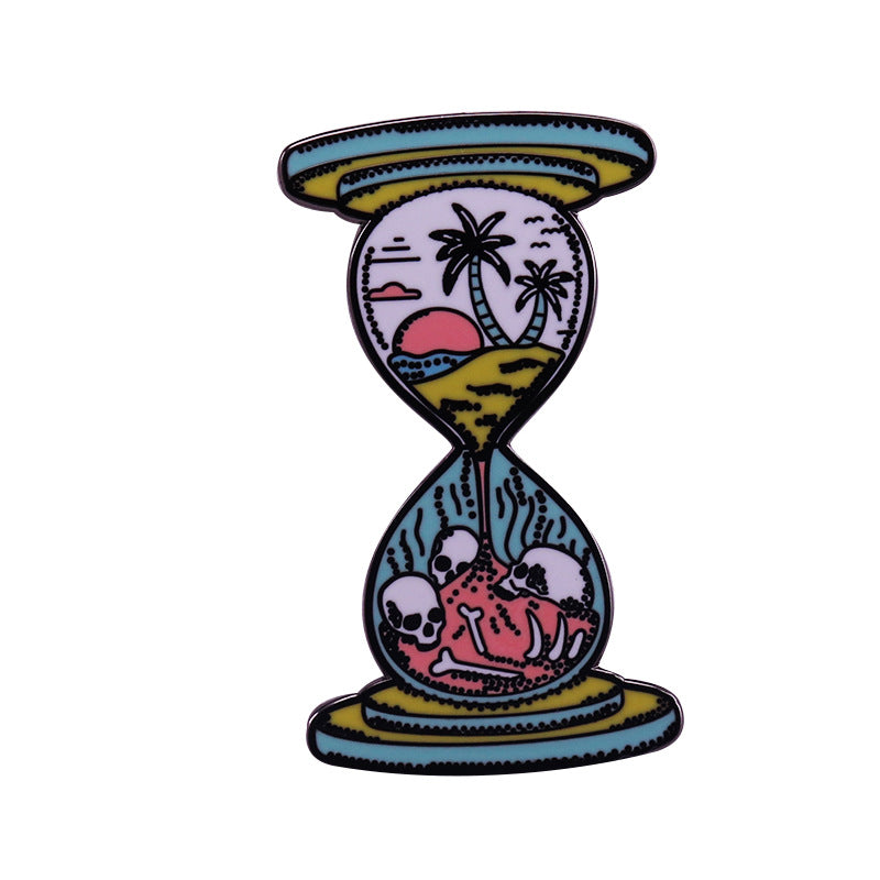 Sunset Coconut Tree Skull Hourglass Landscape Pin