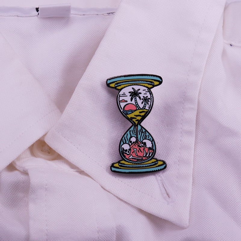 Sunset Coconut Tree Skull Hourglass Landscape Pin