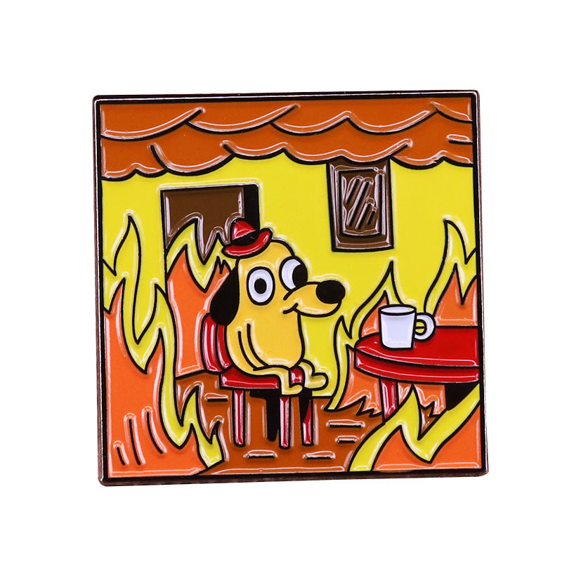 front view of This Is Fine Dog Meme Pin