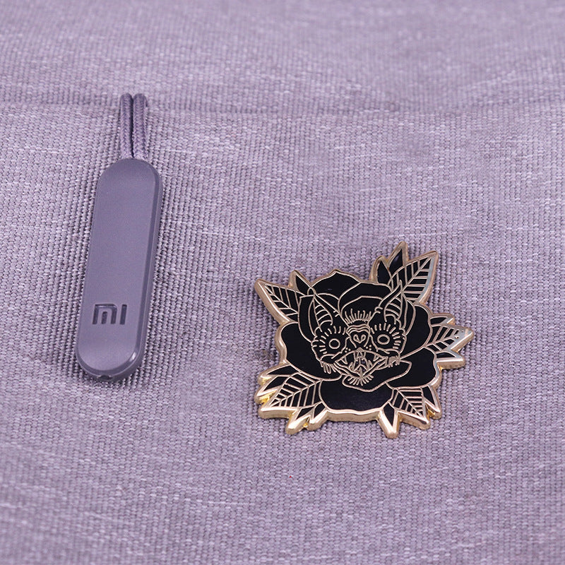 Black Bat And Flower Pin