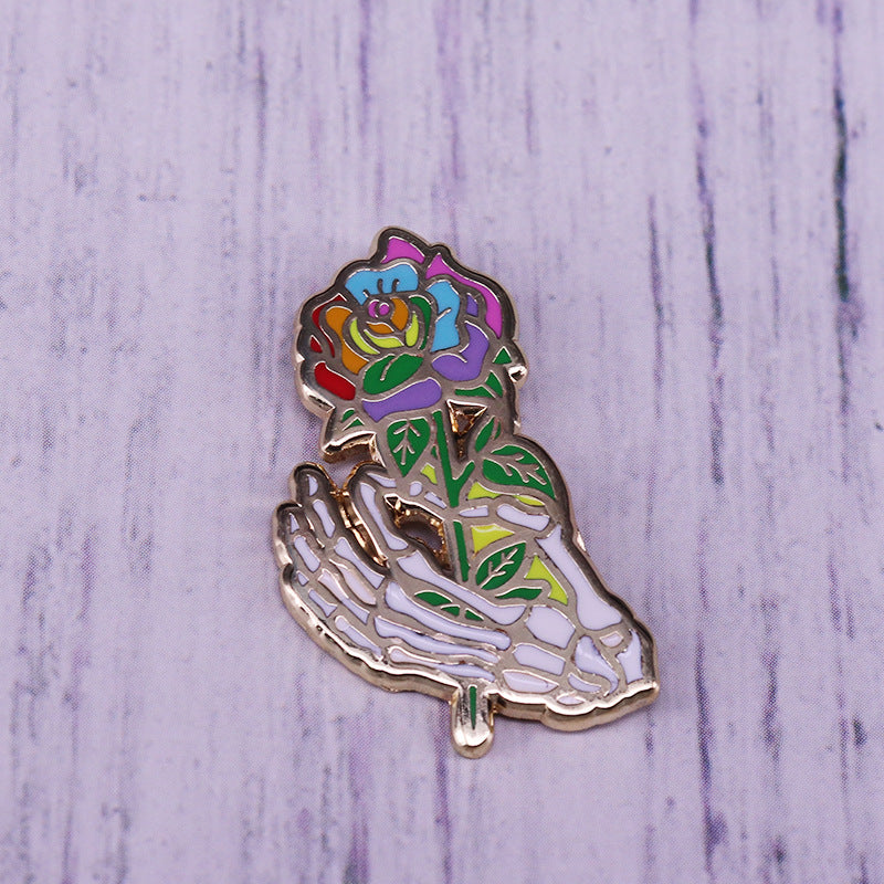 Skull Hand Rainbow Rose Pin