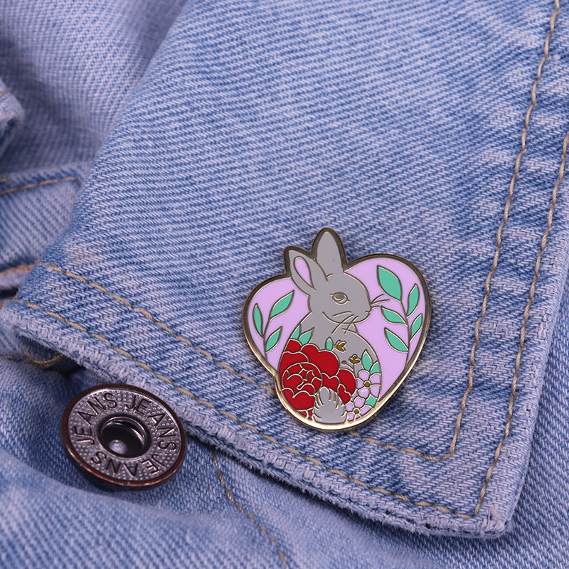 Pink Heart Flower Rabbit Pin