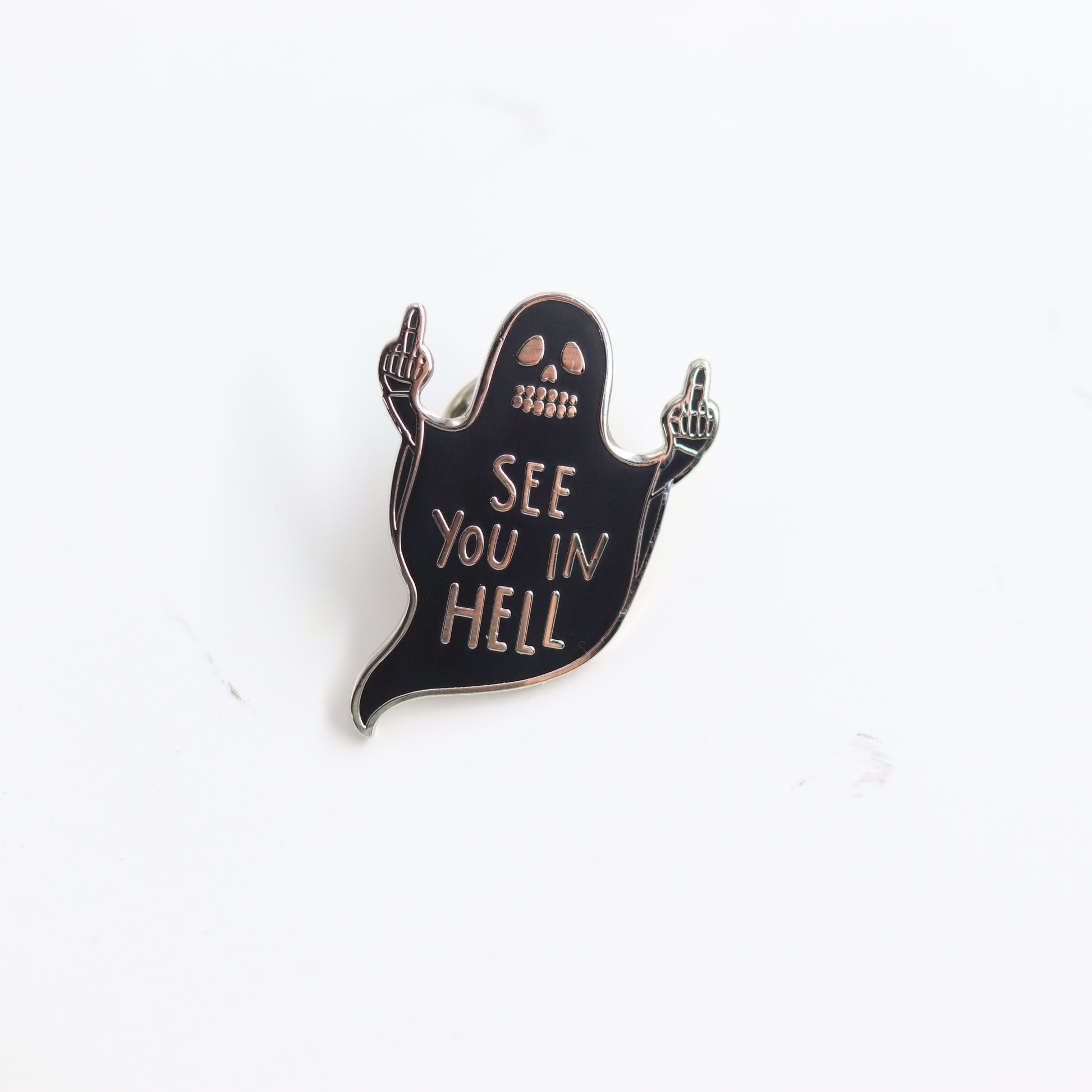 front view of See You In Hell Black Ghost Pin