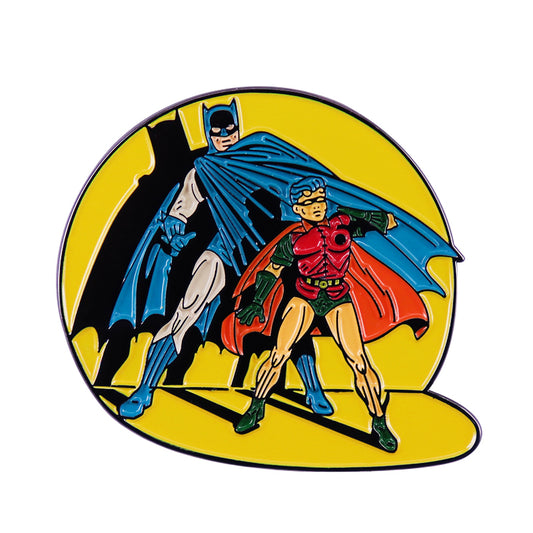 front view of Batman And Robin Dc Comics Heroes In Yellow Spotlight Pin