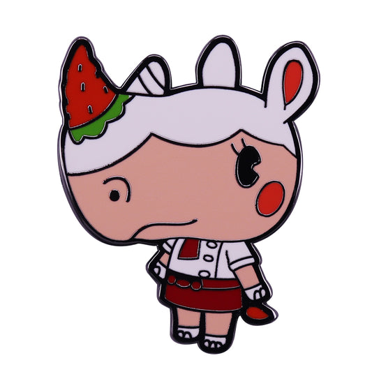 front view of Animal Crossing Villager Rhinoceros Strawberry (Merengue) Pin