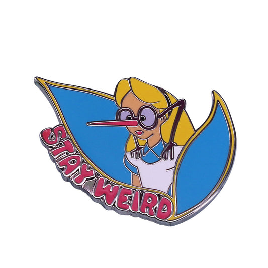 front view of Alice In Wonderland Stays Weird Pin