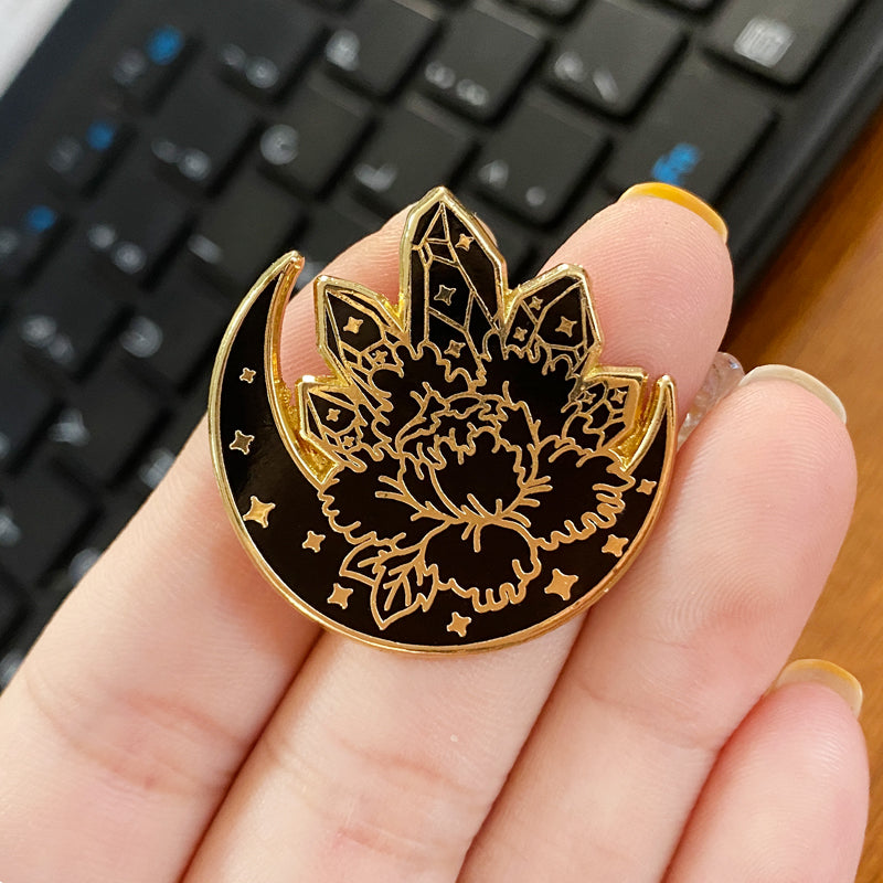 Black Gold Moon Crystal Peony Sailor Moon Pin