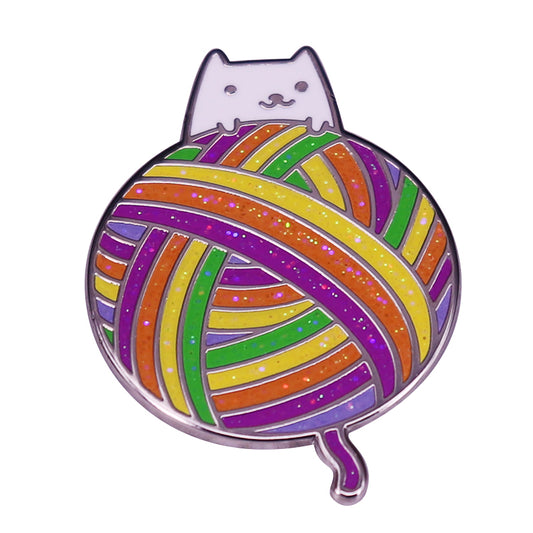 White Cat And Colorful Yarn Ball Flash Pin