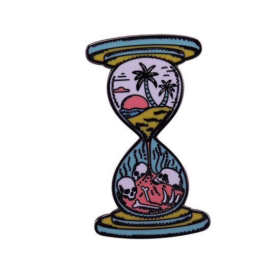 Sunset Coconut Tree Skull Hourglass Landscape Pin