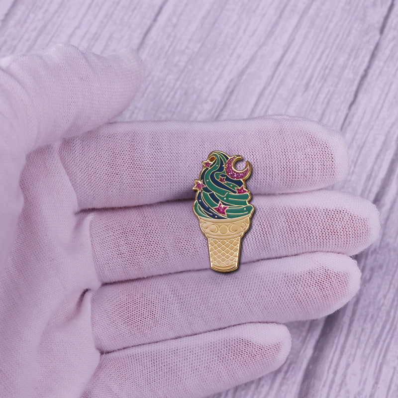 Ice Cream Cone With Moon And Stars Glitter Dessert Food Pin