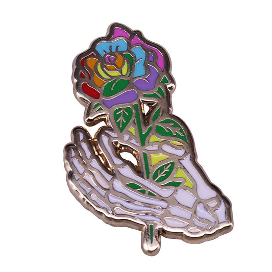 Skull Hand Rainbow Rose Pin