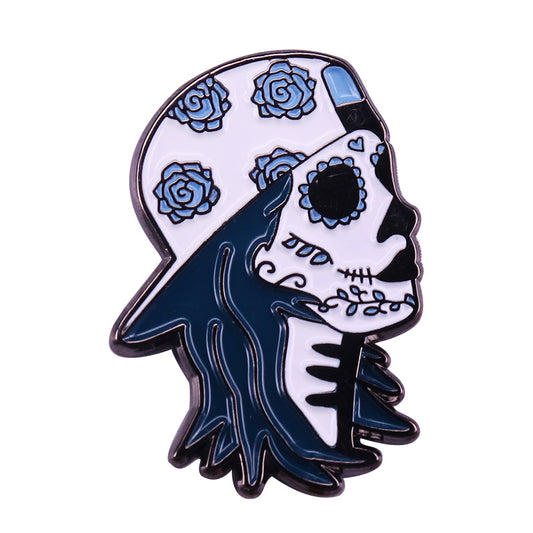 Sugar Skull Skater Blue Floral Pattern Pin