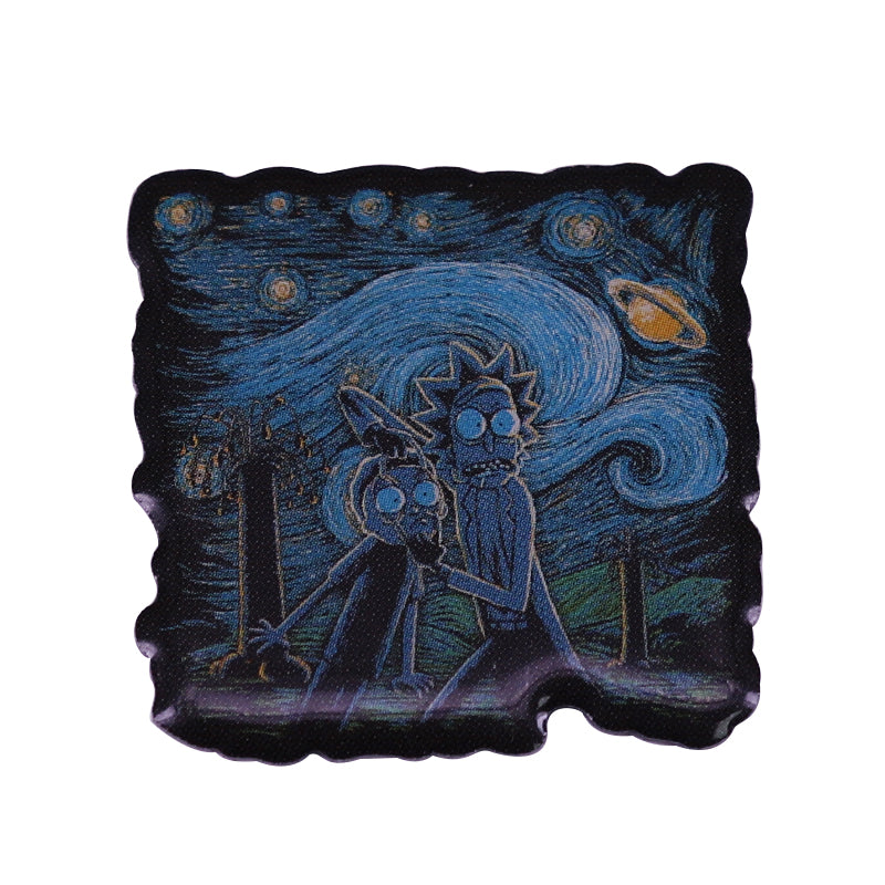 front view of Rick And Morty And Vincent Van Gogh'S Painting The Starry Night Pin