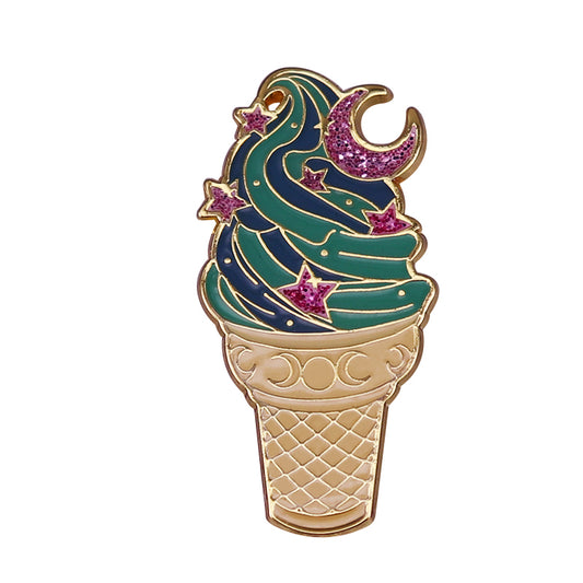 Ice Cream Cone With Moon And Stars Glitter Dessert Food Pin