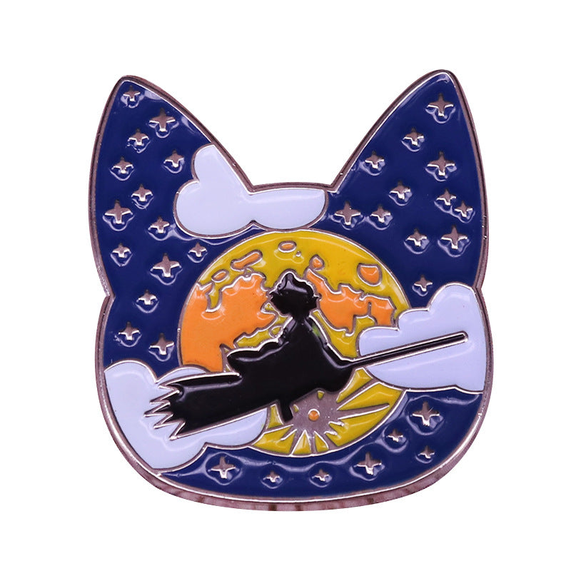 front view of Moonlight Riding Cat Head Pin