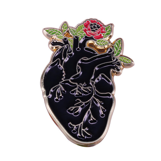 Black Anatomical Heart And Flowers Pin