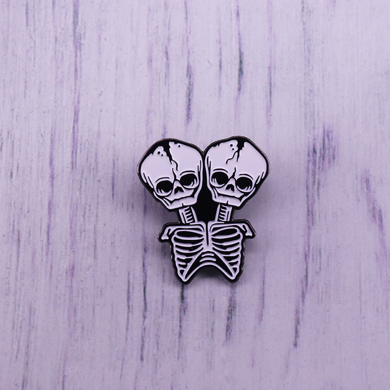 Two-Headed Skeleton Black And White Pin