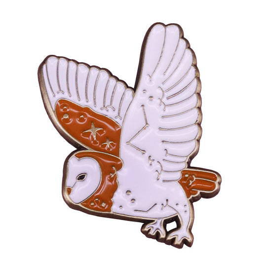 front view of Barn Owl Flying Celestial Pin