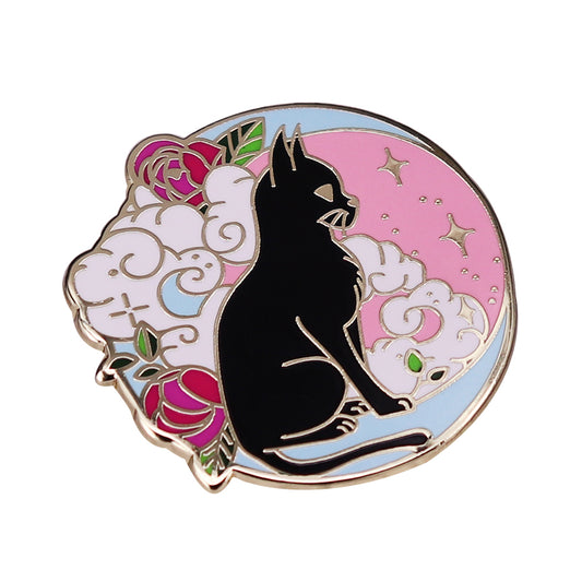 Calico Cat In The Moon, Stars, Clouds, Sky, And Needle Pin