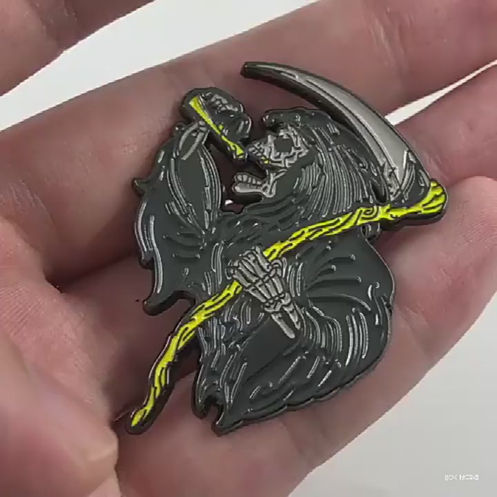 video of Scythe Grim Reaper Halloween Skull Punk Pin