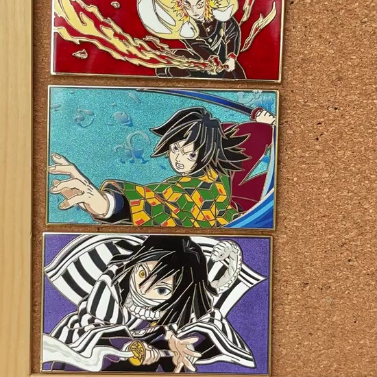 video of Demon Slayer: Kimetsu no Yaiba Giyu Tomioka, Obanai Iguro, Kyojuro Rengoku Pin